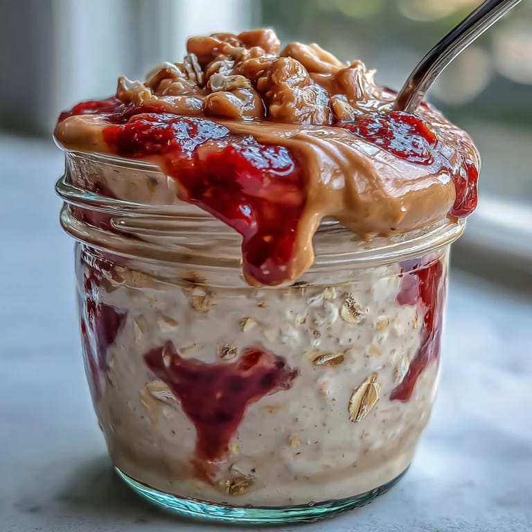 Creamy vanilla protein oats topped with peanut butter dollops and strawberry swirl, ready to enjoy chilled.
