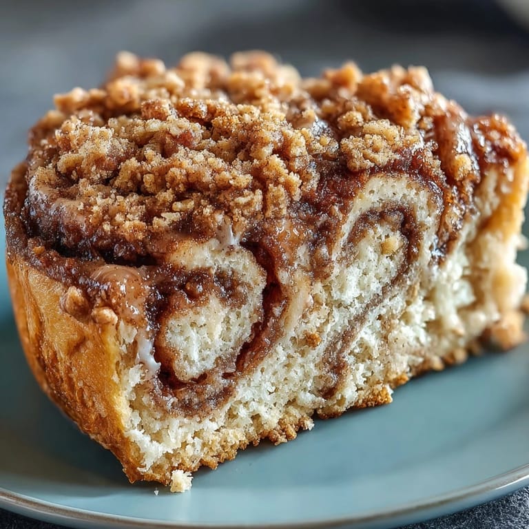 A warm slice of High-Protein Cinnamon Swirl Coffee Cake Oats reveals a rich cinnamon swirl and fluffy texture.