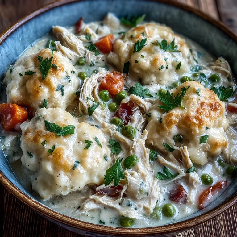 Family-style Slow Cooker Ranch Chicken & Dumplings featuring bubbly ranch gravy and golden biscuits, ready to serve from the slow cooker.