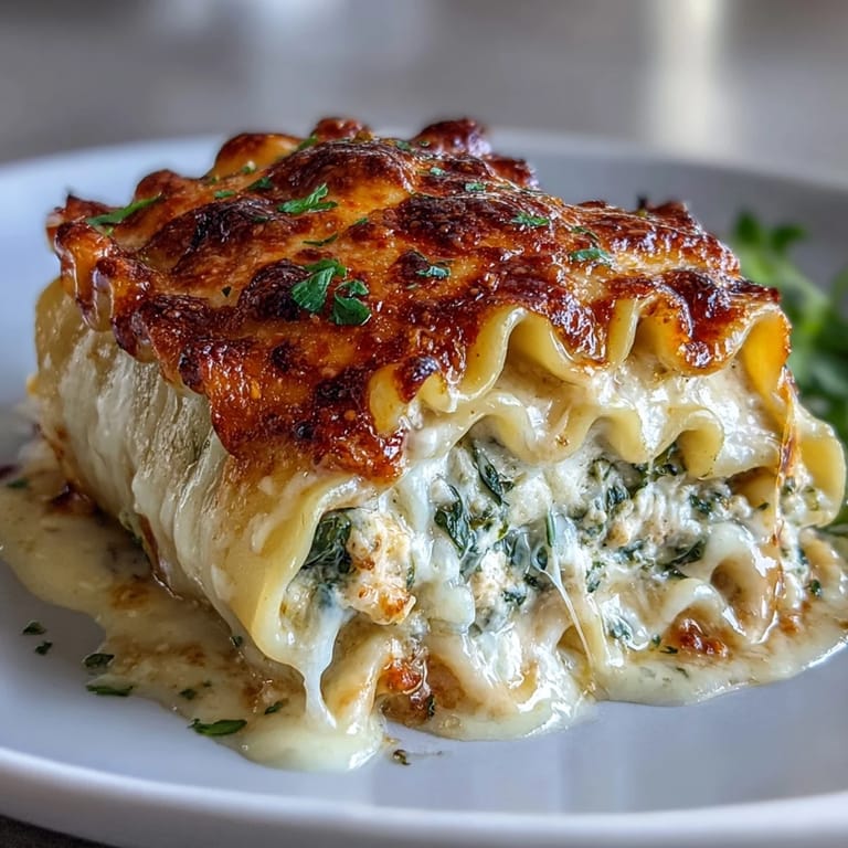Overhead view of Garlic Butter Lasagna Roll-Ups, showing rolled noodles filled with spinach and ricotta, drizzled with garlic butter sauce.