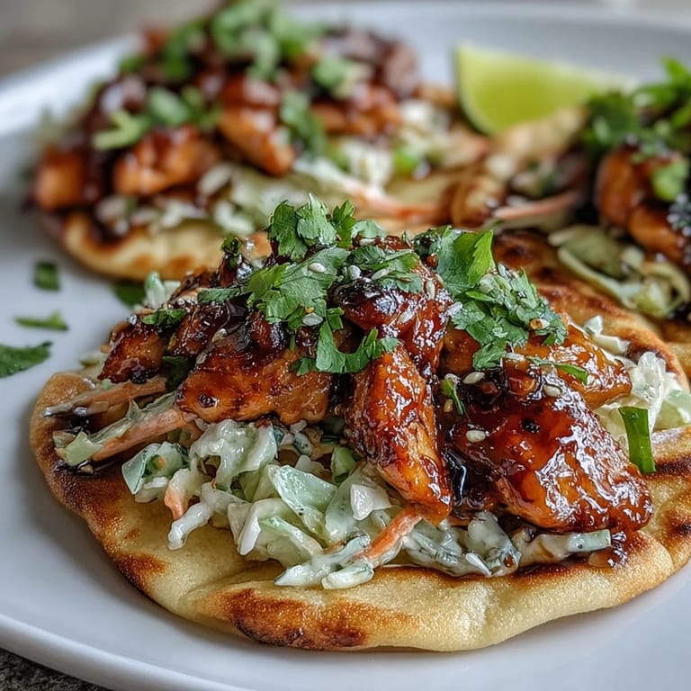 Freshly assembled honey garlic naan chicken tacos served with extra slaw and cilantro garnish.