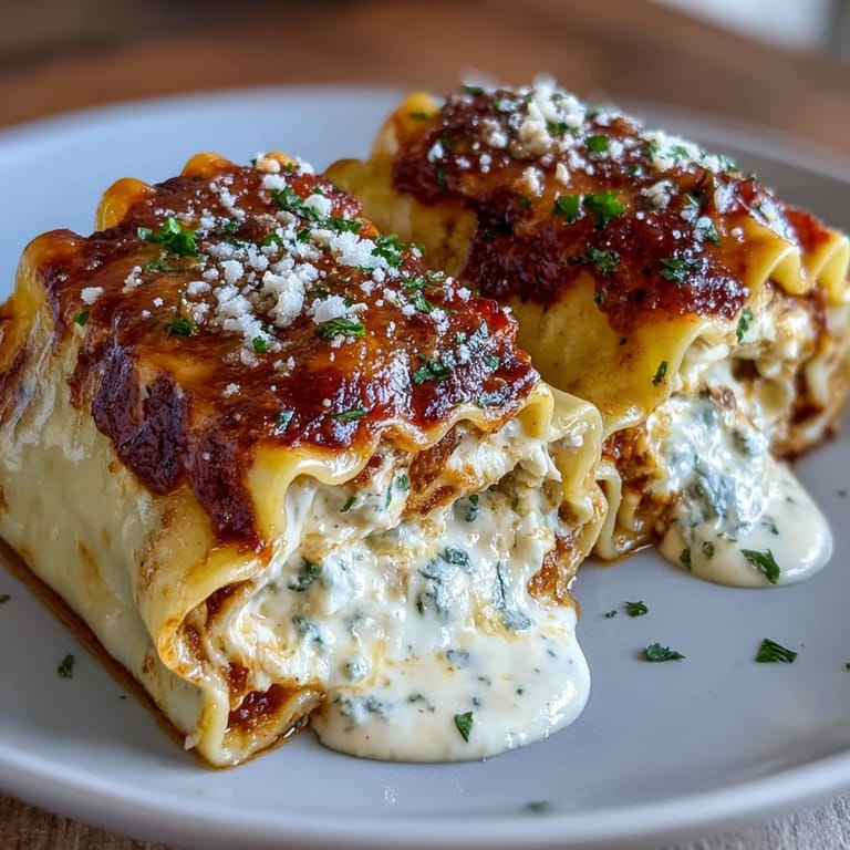 Golden Garlic Butter Lasagna Roll-Ups served on a white plate, paired with a fresh green salad for dinner.