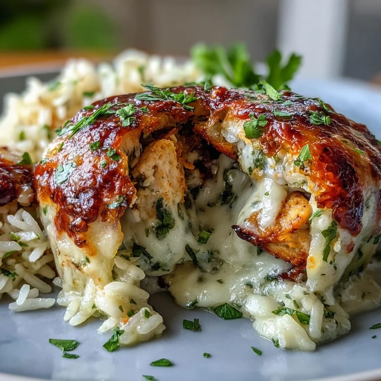 Baked bell peppers filled with creamy garlic Parmesan chicken and rice, served hot from the oven.