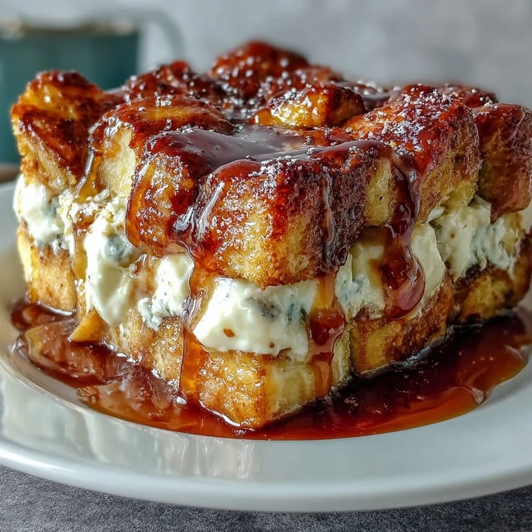 Overnight Caramel Cream Cheese French Toast Casserole ready to bake, featuring creamy filling and fluffy bread cubes.