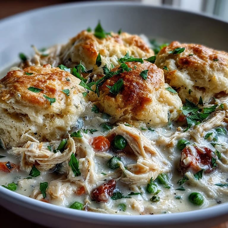 Savory ranch-seasoned stew with tender shredded chicken, carrots, and peas in a white slow cooker insert.