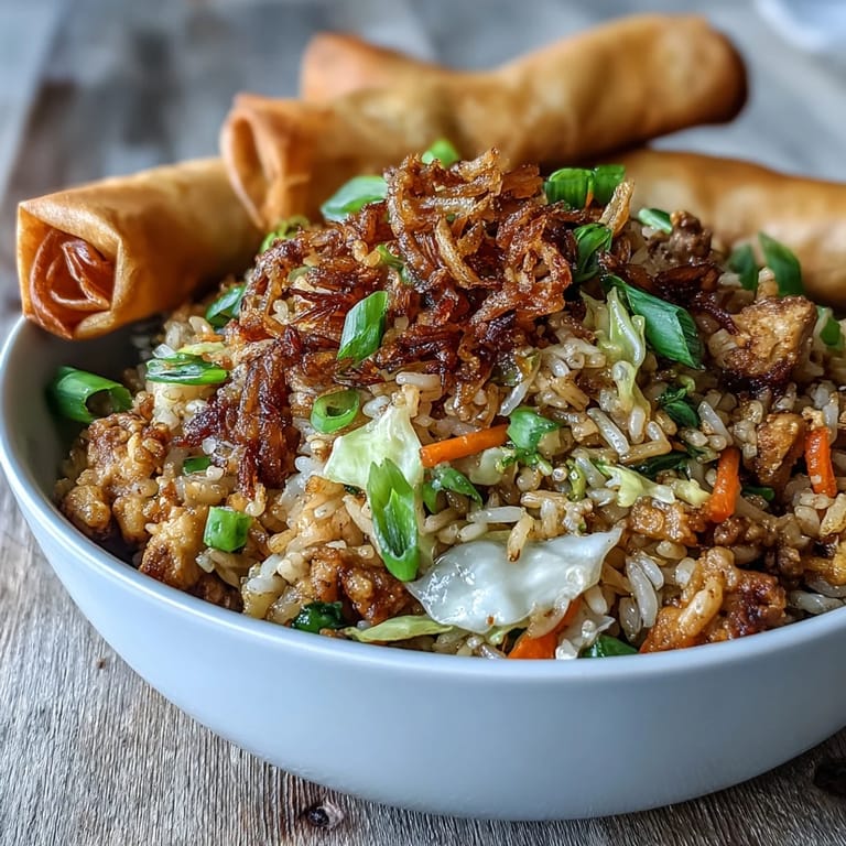 Golden fried rice tossed with ginger, garlic, and soy sauce, topped with crunchy fried onions and toasted sesame seeds for extra texture.