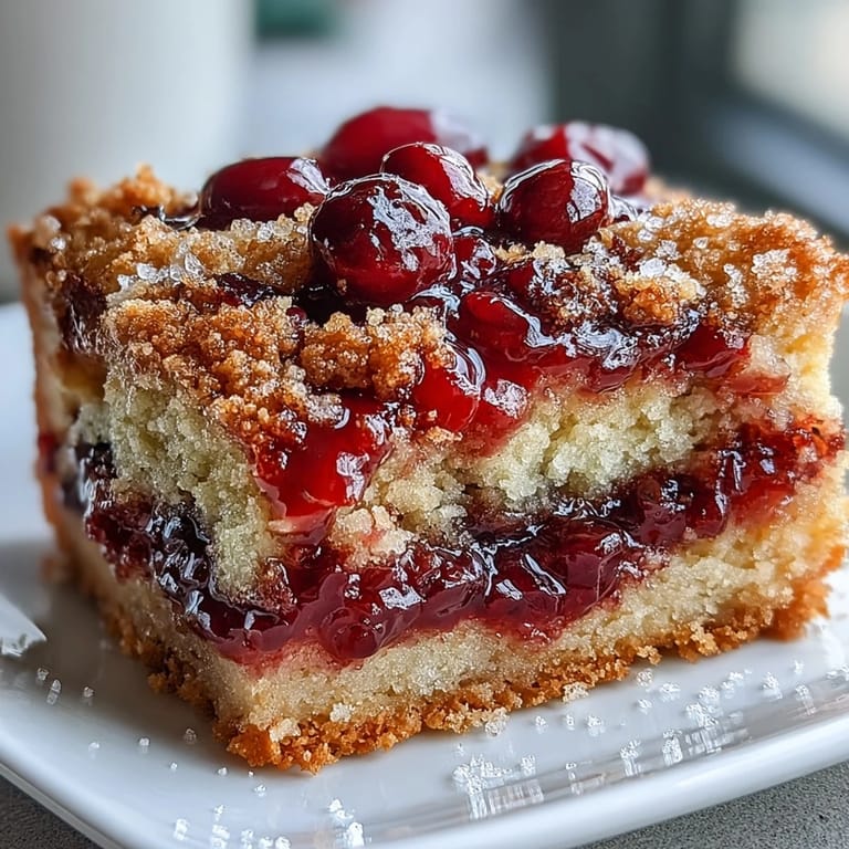 Close-up of Crispy Cranberry Cobbler highlighting the crunchy, golden topping crumb and vibrant red cranberry filling with a hint of orange zest.