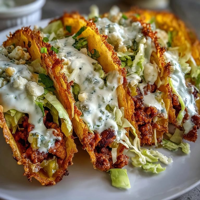 Melted cheese lace creates crispy shells for dill pickle ranch smash chicken tacos, garnished with tangy pickles and slaw.