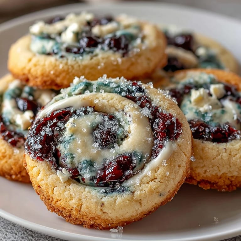 A close-up of one Easy Blueberry Cheesecake Swirl Cookie broken in half, revealing a rich cheesecake filling and bursts of blueberries.