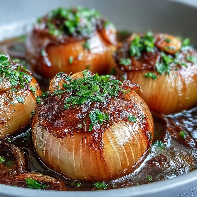 Tender onion boil ASMR ready to serve in warm broth, topped with snipped chives for a cozy, textural eating experience.