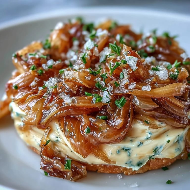 The finished Caramelized Onion Butter Board shows rich, creamy butter mixed with deep golden onions, herbs, and flaky salt, ready for spreading.