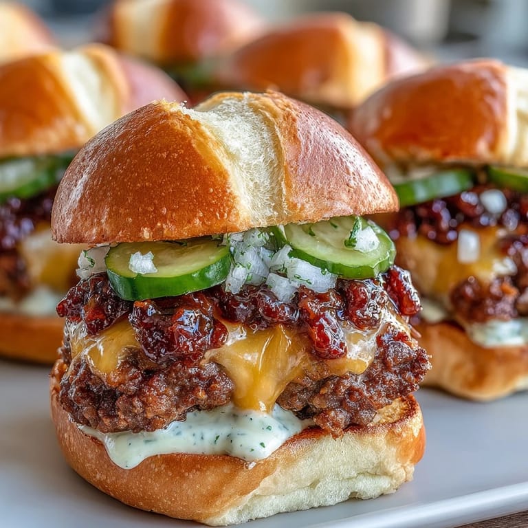 A platter of Mini Smash Burger Rolls with tangy pickles and creamy special sauce, ready for a party.