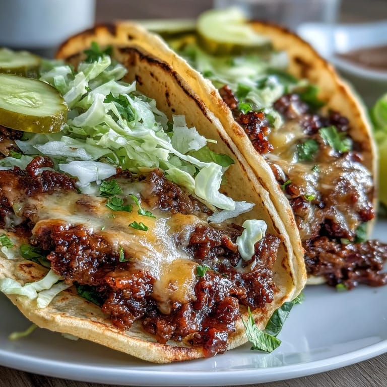 Homemade Smash Burger Tacos topped with shredded iceberg lettuce, diced onion, and dill pickles, served alongside fresh burger sauce.