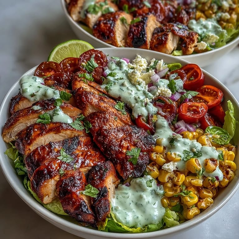 Easy Healthy Chicken and Street Corn Bowls meal prep with juicy marinated chicken, fresh grilled corn, and veggies, finished with a creamy lime yogurt drizzle and herbs.