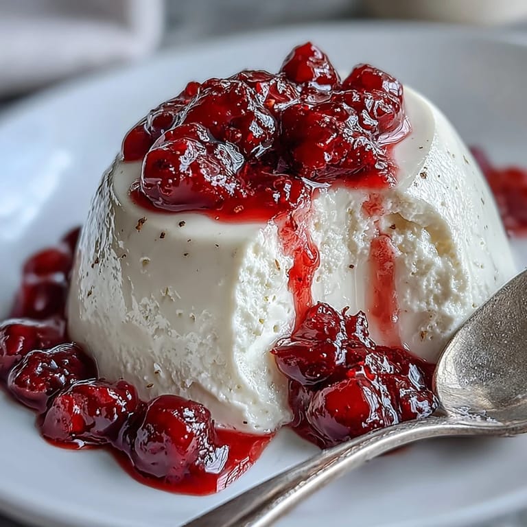 Cardamom panna cotta plated with a spoon and fresh berry compote nearby.