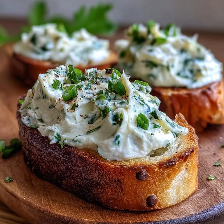 A generous schmear of Garlic & Herb Crostini Spread on a warm, toasted baguette slice.