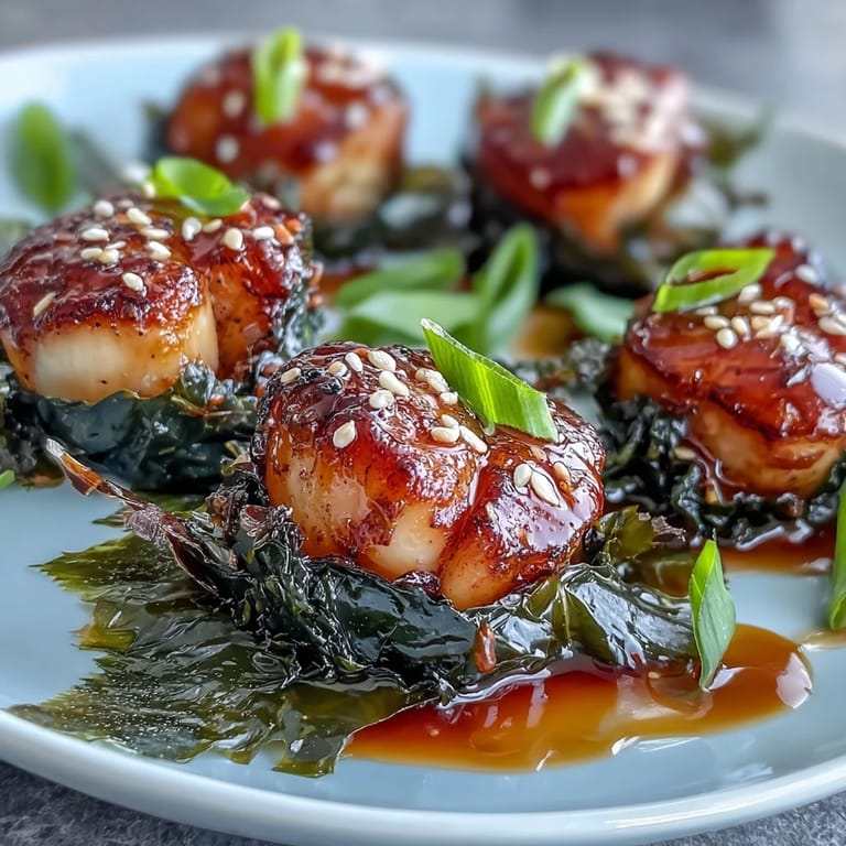 Golden Seaweed-Wrapped Scallops with Ponzu Sauce are served on a white plate with toasted sesame seeds.