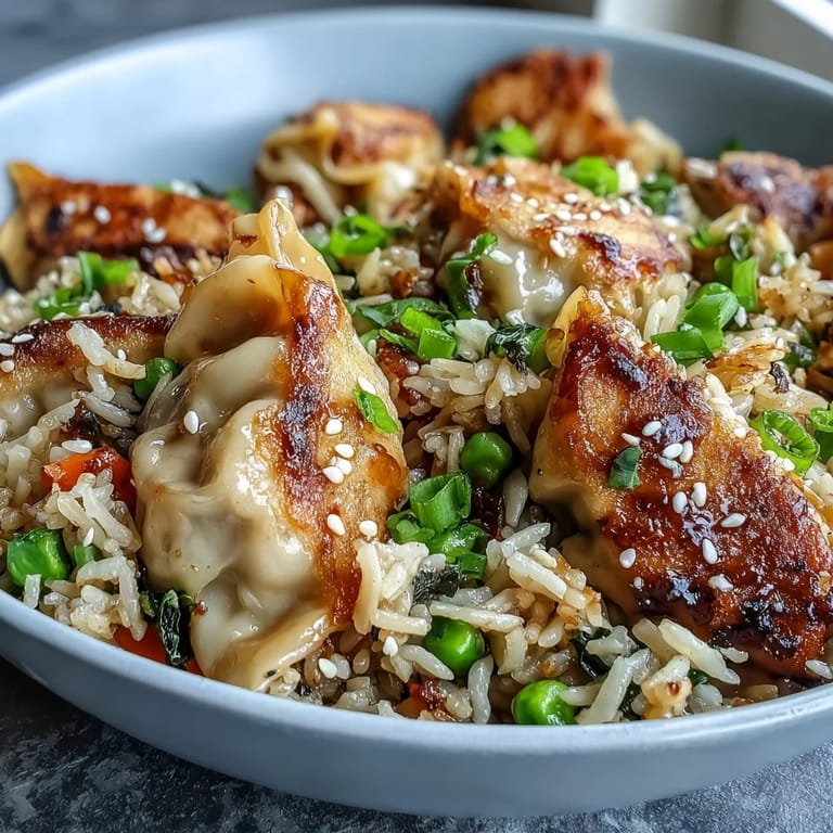 Platter of savory Trader Joe's dumpling fried rice with soy-glazed vegetables and dumplings, served as a quick and easy weeknight dinner.