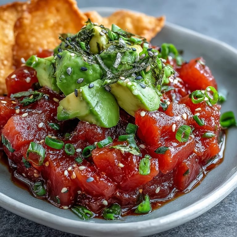 Golden crispy wonton chips piled beside a mound of spicy tuna tartare, topped with creamy avocado chunks for serving.