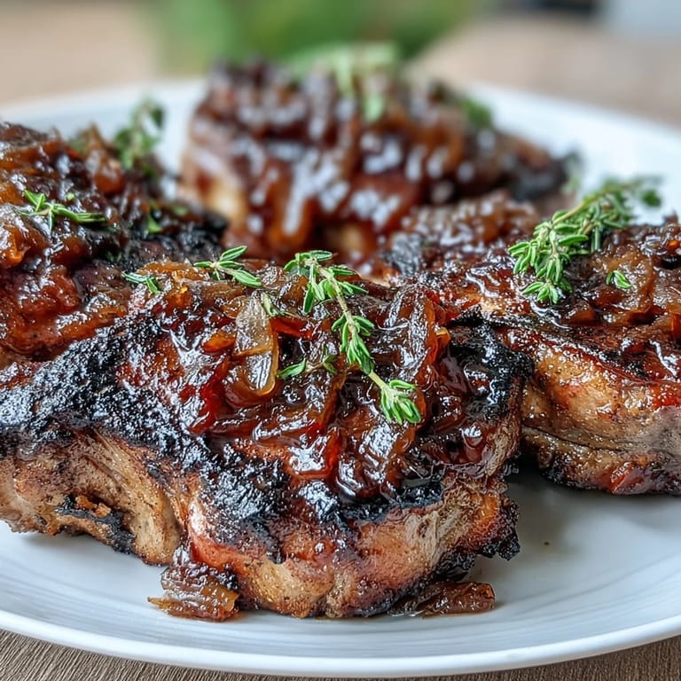 Golden-brown lamb chops glazed with onion jam and Dijon mustard on a rustic platter
