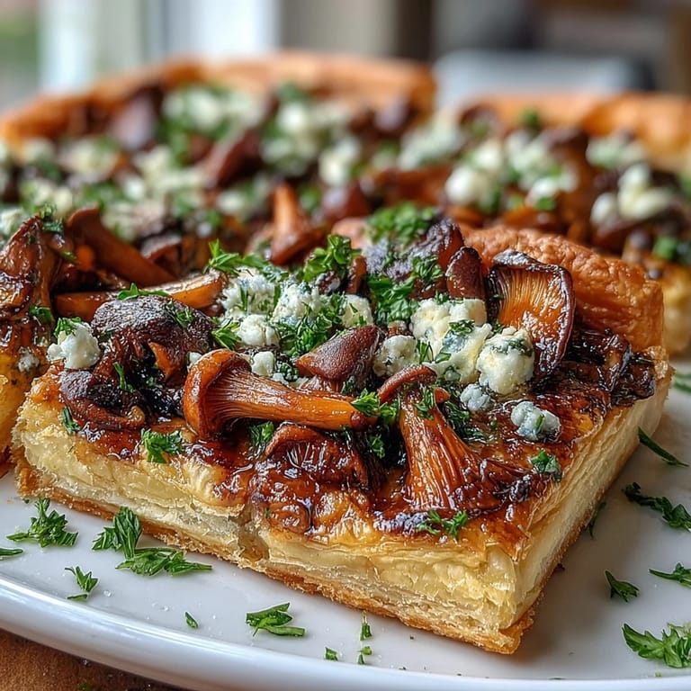 Sliced Wild Mushroom Tart reveals layers of crisp puff pastry, tender mushrooms, and tangy goat cheese, ready to serve.