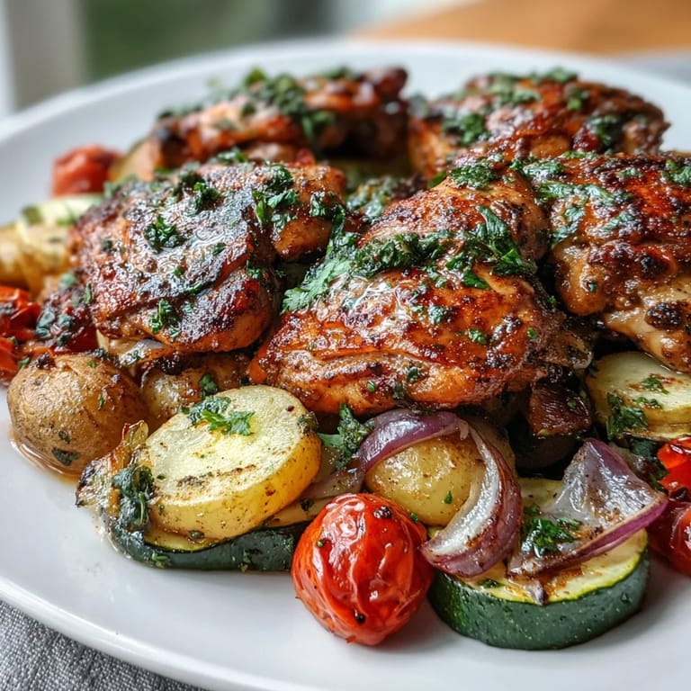 A close-up view of juicy roasted chicken thighs, vibrant zucchini slices, and herb-coated potatoes from the Sheet Pan Mediterranean Chicken recipe.