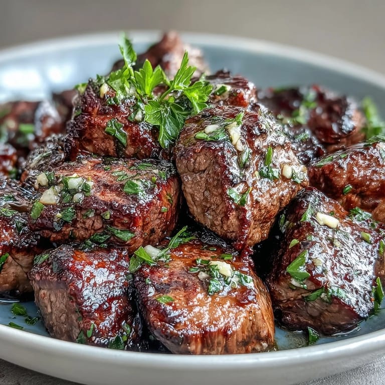 Plated Keto Garlic Butter Steak Bites topped with parsley, served with avocado fries and light lemony zucchini ribbons.
