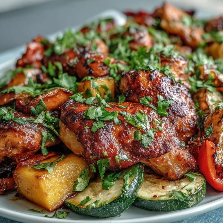 One-Pan Mango Chili Chicken and Veggie Bake baked on a sheet pan, featuring tender chicken, roasted peppers, and sweet mango.