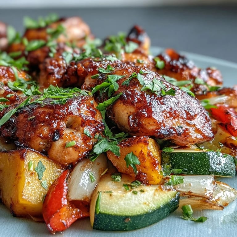 Juicy One-Pan Mango Chili Chicken and Veggie Bake with colorful zucchini and onions, served hot with lime wedges.