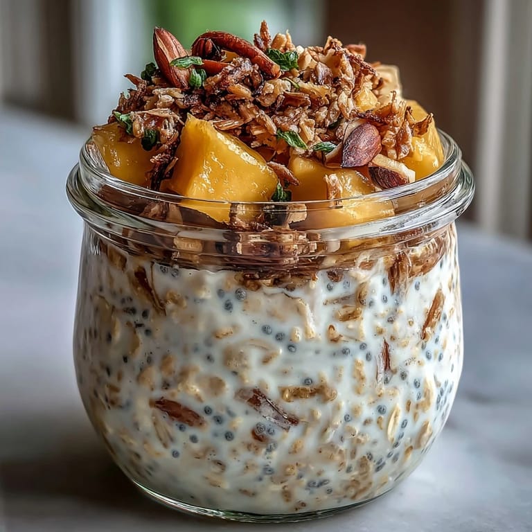 Overnight oats breakfast jar with mango chia, coconut crunch, and almond topping beside a glass of cold brew.