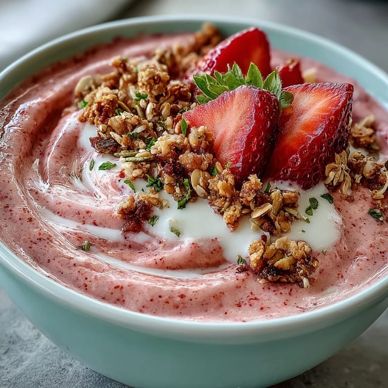 Two serving bowls of vibrant pink smoothie bowl, garnished with sliced strawberries and shredded coconut.