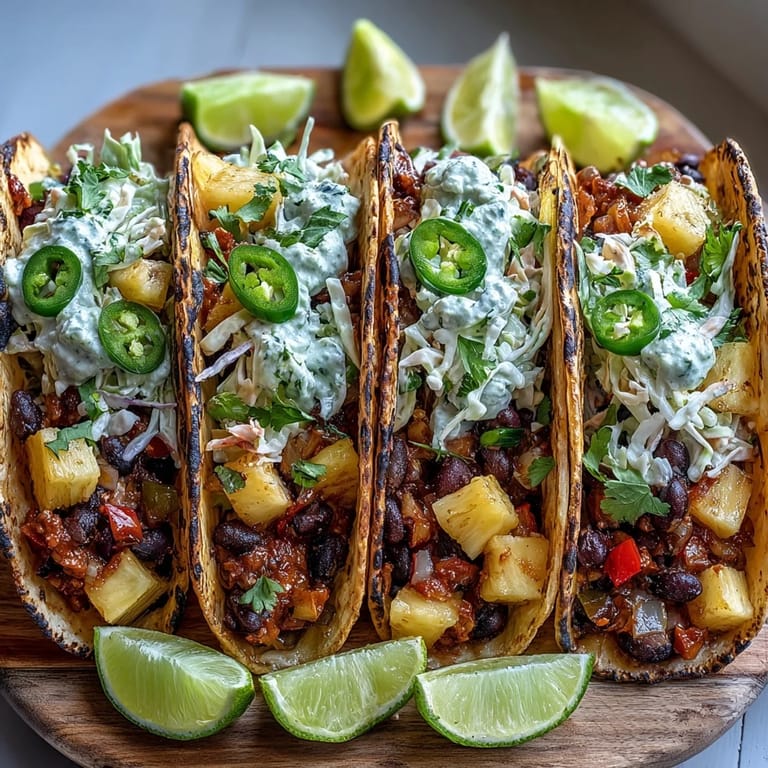 Close-up of one Tropic-Like-Its-Hot Pineapple Black Bean Tacos with Coconut Lime Slaw, showcasing juicy pineapple chunks, hearty black beans, and crunchy slaw.