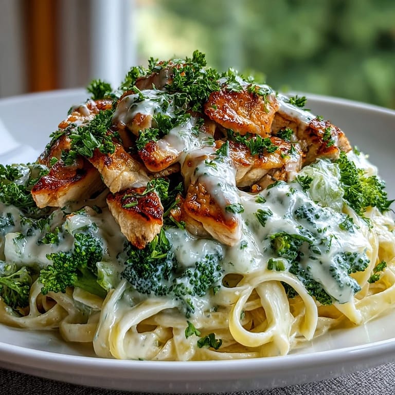 Tender chicken strips tossed in rich Parmesan sauce served over bright green steamed broccoli for a low-carb pasta alternative.