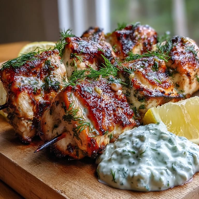 Marinated Light Lemon Herb Chicken Skewers with Tzatziki served alongside crisp cucumber slices for dipping.