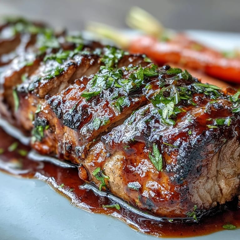 Sliced One-Pan Honey Balsamic Pork Tenderloin served with glazed rainbow carrots on a plate.