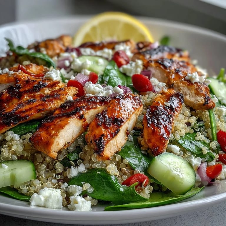 Healthy gluten-free bowl features golden grilled chicken breast, colorful vegetables, and zesty lemon herb dressing ready for a protein-packed meal.