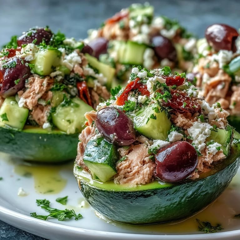 Creamy avocado halves overflowing with Mediterranean Tuna Salad, featuring red onions, cucumbers, and bright cherry tomatoes.