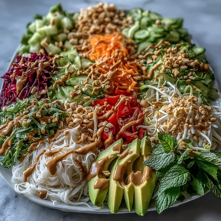 A vibrant bowl of Vegan Spring Roll Salad with Peanut Dressing topped with creamy avocado slices and crunchy chopped roasted peanuts.