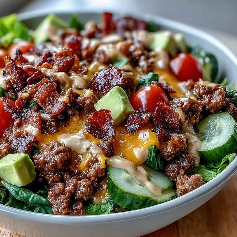 Melted cheddar cheese and diced avocado add creamy texture to a hearty Keto Bacon Cheeseburger Salad served with tangy pickles. 