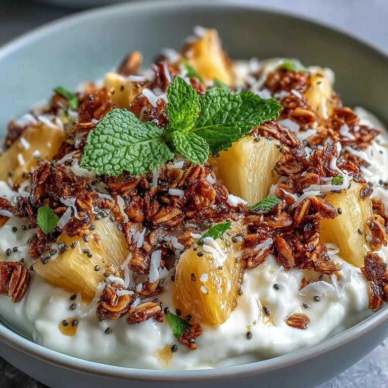 Spoon into a chilled Cottage Cheese Breakfast Bowl layered with juicy pineapple and textured granola.