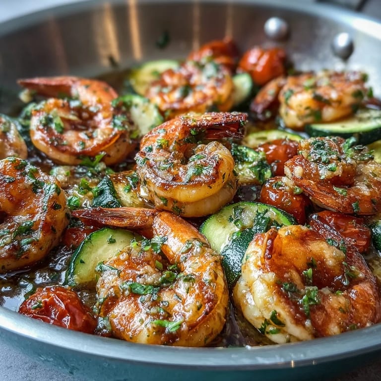 One-Pan Lemon Butter Shrimp features juicy tomatoes and tender zucchini, perfect with crusty bread.