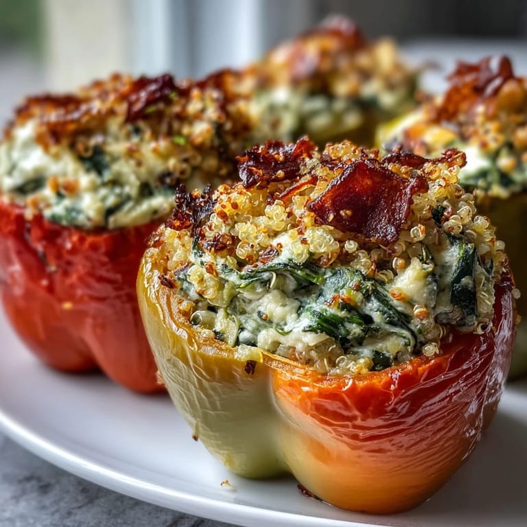 A close-up of Vegan Spinach and Artichoke Stuffed Peppers reveals layers of quinoa, spinach, and artichoke hearts in a rich, savory cashew cream filling.