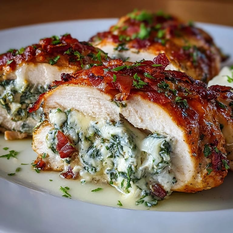 Creamy spinach and crispy bacon stuffed inside tender chicken breasts, drizzled with rich garlic butter for a low-carb, satisfying dinner.  