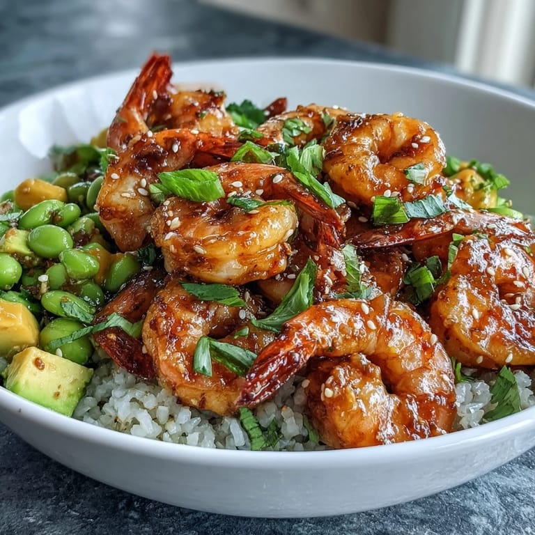 Colorful shrimp poke bowl with tropical mango, edamame, and creamy avocado, perfect for a healthy, protein-packed lunch or dinner.