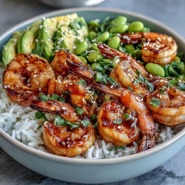Vibrant poke bowl featuring tender shrimp, sweet mango, and crisp vegetables, served over brown rice with a tangy sesame dressing.