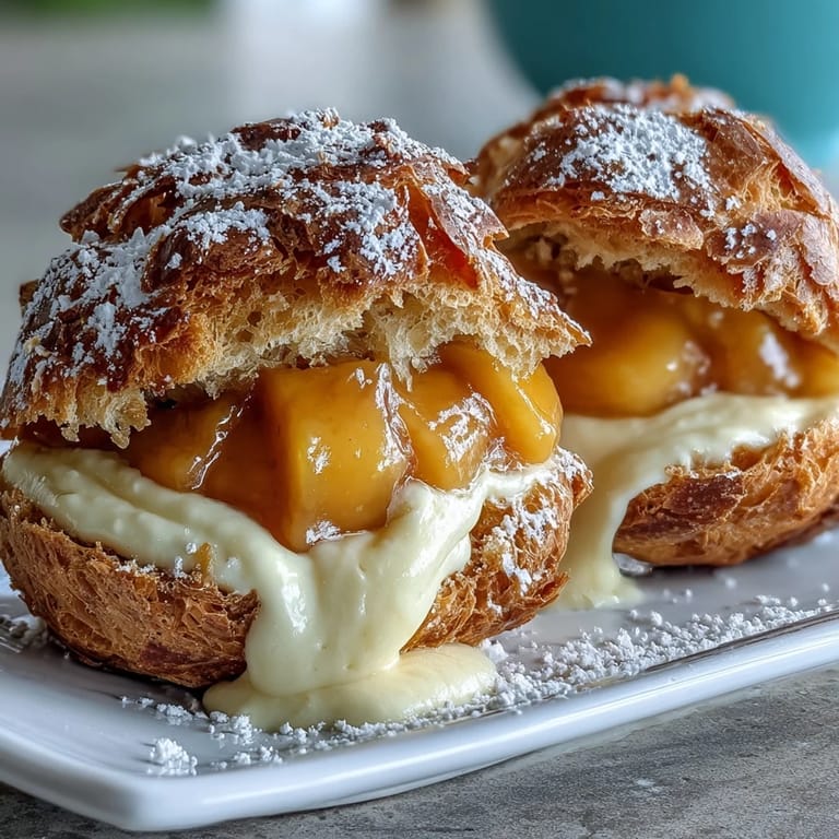 Delicate choux pastry puffs bursting with luscious mango cream, showcasing a French dessert with a tropical twist for summer gatherings.  