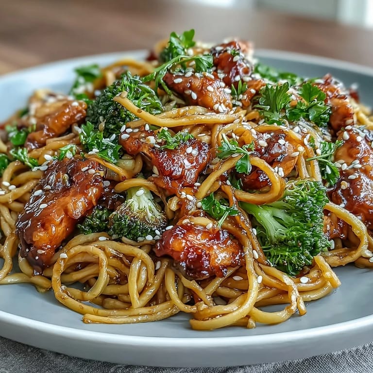 A vibrant Asian-inspired stir-fry of egg noodles, juicy chicken, and fresh broccoli in a sticky garlic sauce, perfect for a quick weeknight dinner.  