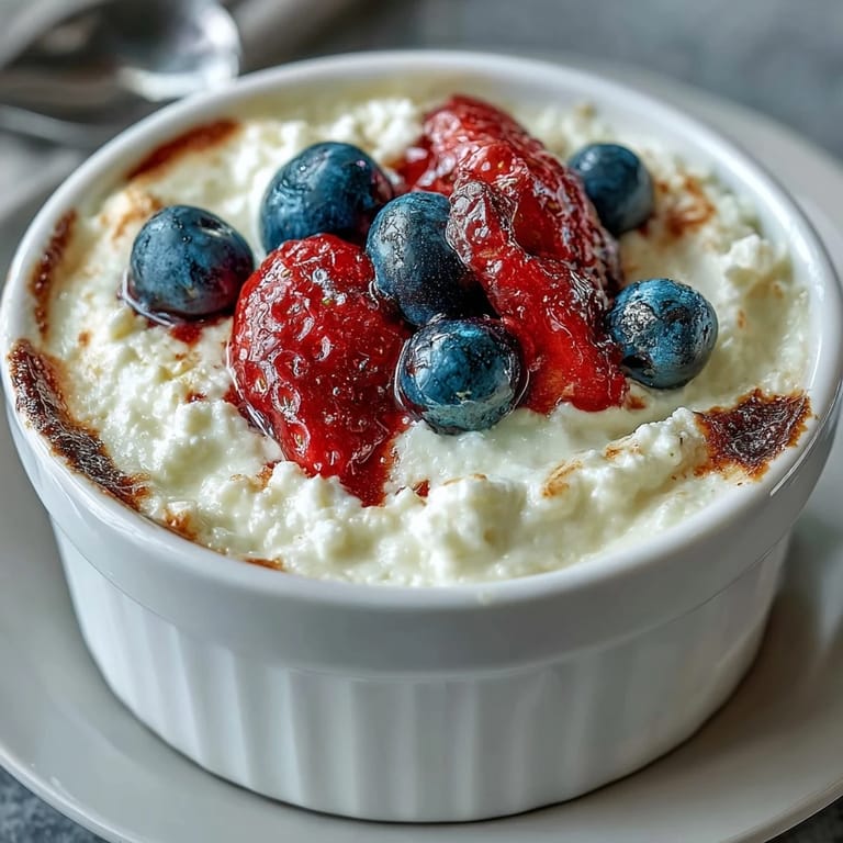 Creamy baked Greek yogurt mixed with vanilla protein powder, egg, and berries, perfect for a nutritious post-workout treat.