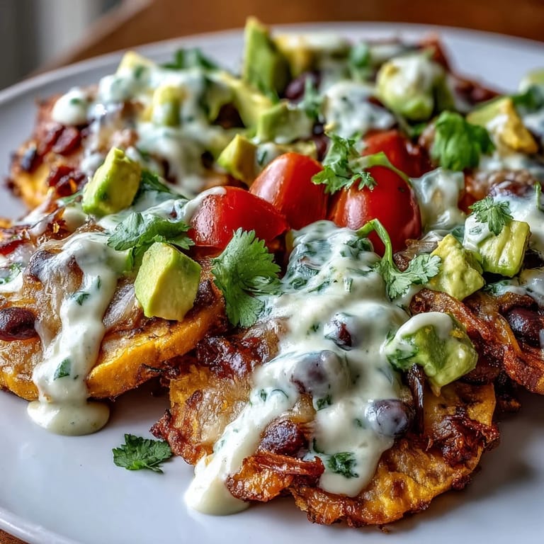 Crispy baked sweet potato rounds loaded with black beans and luscious cashew queso, garnished with cilantro and jalapeño.