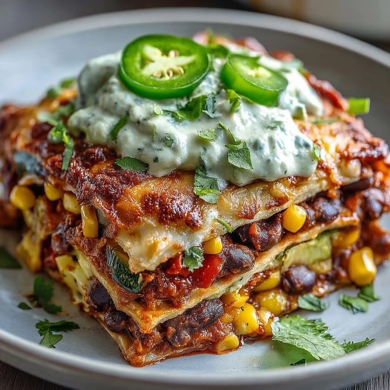 Plant-based black bean enchilada casserole baked with rich sauce and topped with creamy avocado cilantro crema.